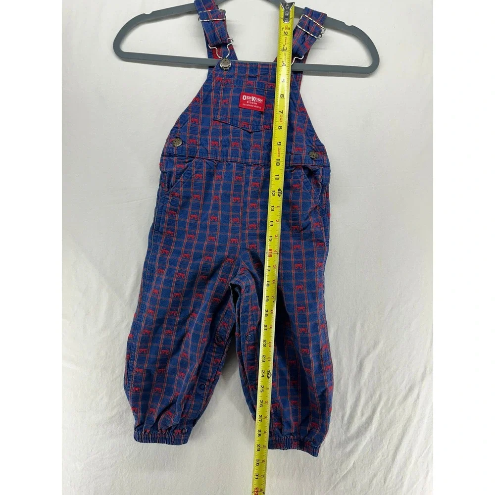 Vintage OshKosh Bgosh Kids 3T‎ Blue Plaid Red Tractor Vestbak Overalls Made USA